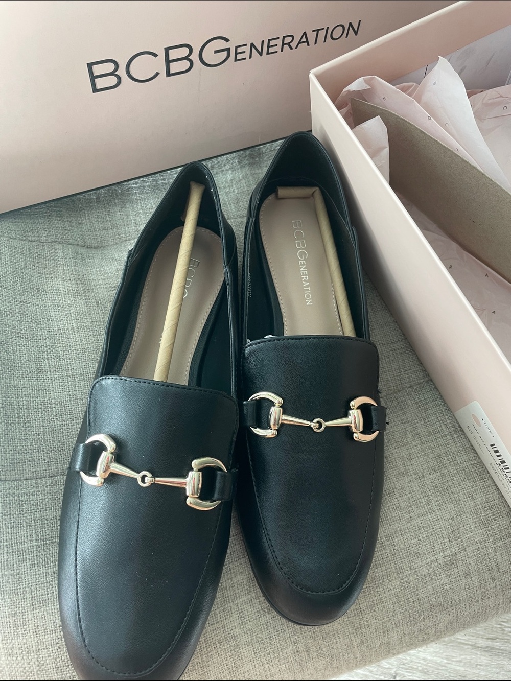 BCBGeneration Black faux Leather Loafers with Gold Bit NEW with BOX